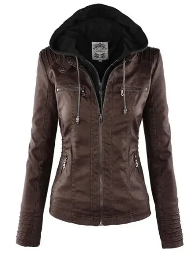 Liva Girl Damen PU Lederjacke 2025 – Basic Motorradjacke mit Kapuze, wetterfeste Kunstleder Winterjacke mit Reißverschluss