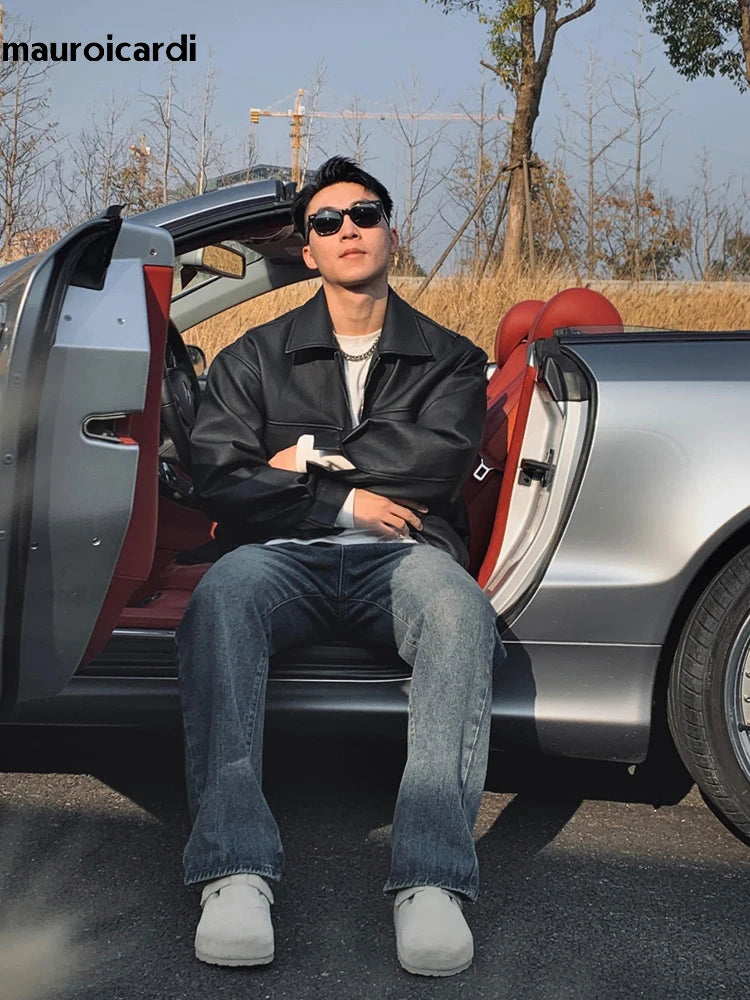 Herren Oversized Kurzjacke aus mattem PU-Leder – Schwarze High-Street Designer Lederjacke mit Reißverschluss & Taschen für Frühling & Herbst