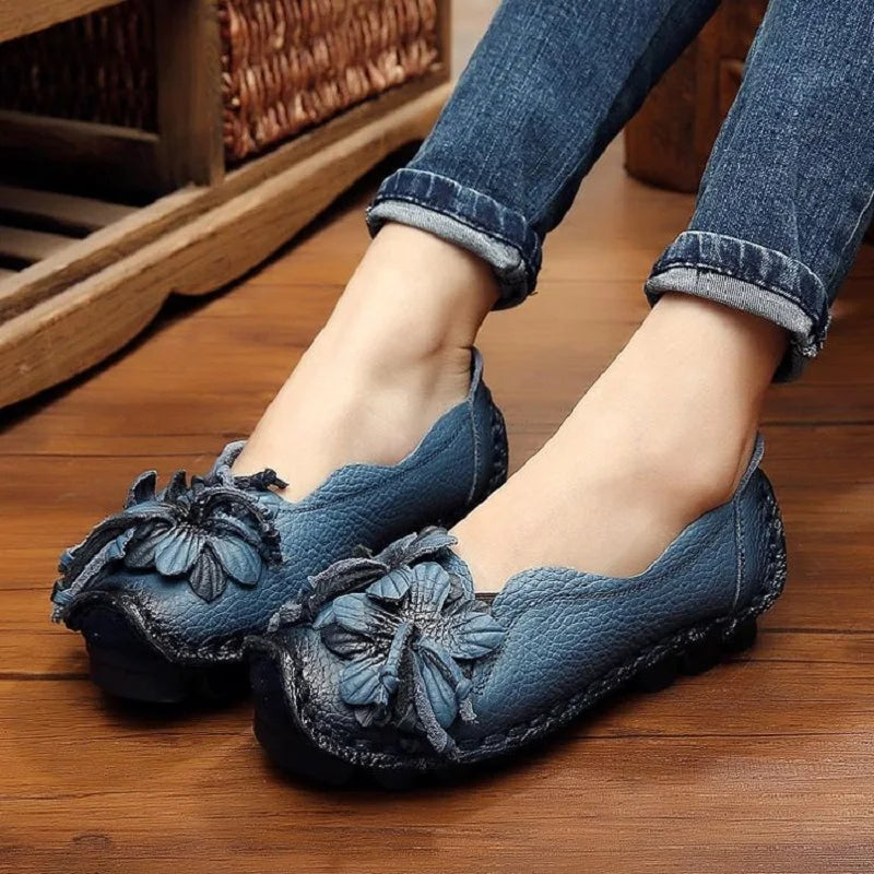 feerldi Damen Retro Ballerinas – Handgefertigte Lederschuhe, Luxuriöse Flats und Loafers mit Blumenapplikation
