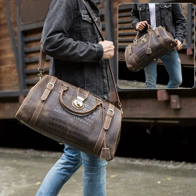 Luufan Vintage Crazy Horse Leder Reisetasche für Herren – Große Travel Duffle aus echtem Rindsleder mit Schloss & Krokodil-Prägung