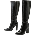 Aneikeh Damen Kniehohe High-Heel-Stiefel – Lackleder Boots mit Krokodil-Prägung, Blockabsatz & seitlichem Reißverschluss