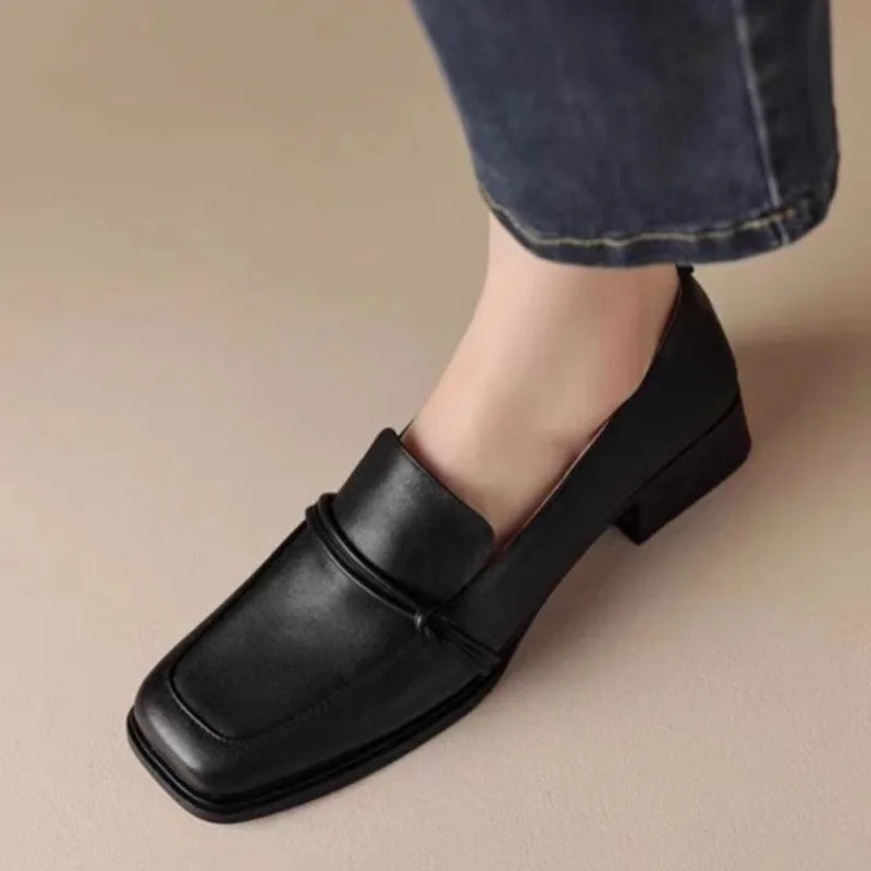 Classic Loafers Damen – Echtes Rindsleder, Quadratische Zehen, Slip-On Retro Pumps, Handgefertigte Freizeitschuhe Größe 40