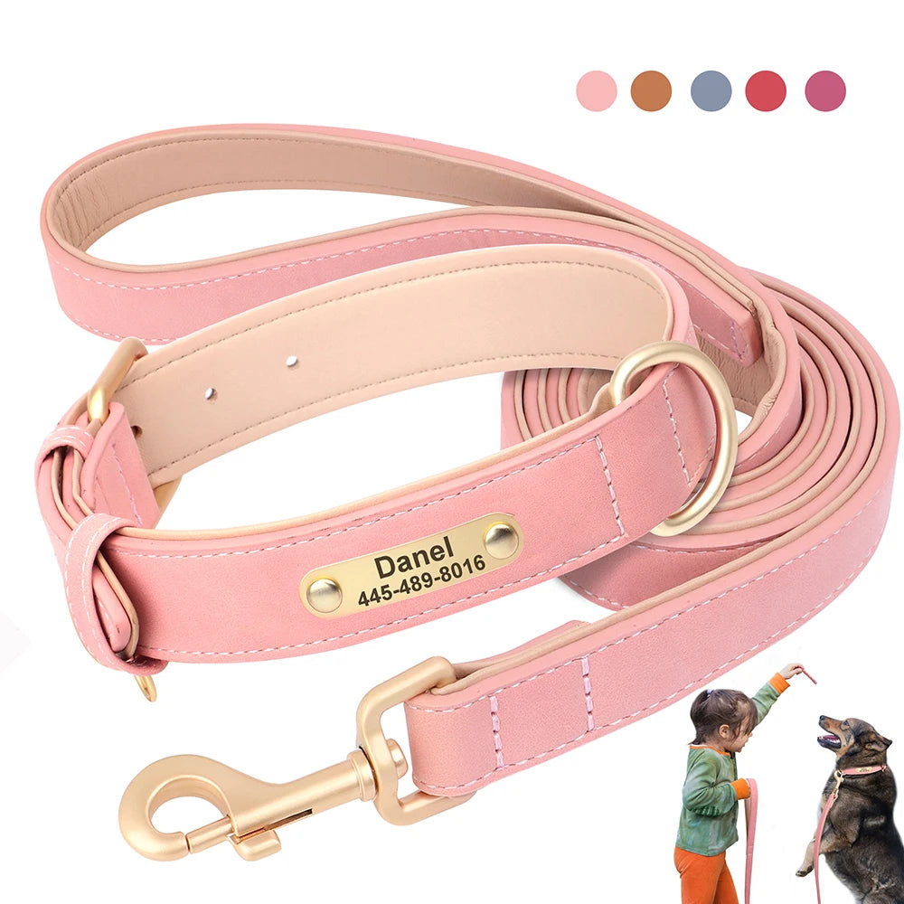 Personalisiertes Hunde-Halsband & Leinen-Set aus PU-Leder – Weich gepolstert, verstellbar, mit kostenloser Namensgravur für kleine, mittlere & große Hunde