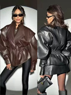 Damen PU Lederjacke Slim Fit – Vintage 2-in-1 Jacke mit Stehkragen, Reißverschluss & Puffärmeln für Herbst und Winter