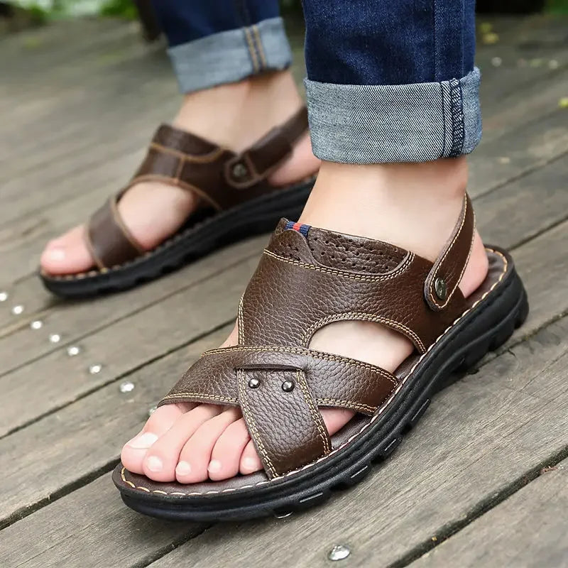 Herren Sommer Leder Sandalen – Bequeme Slip-On Outdoor Schuhe mit rutschfester Sohle, Weiche Komfort-Sandalen für Strand &amp; Freizeit 