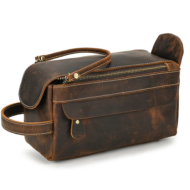 Hochwertige Kleine Reise-Kosmetiktasche aus Crazy Horse Leder – Vintage Leder Wash- &amp; Make-up Bag para hombres 