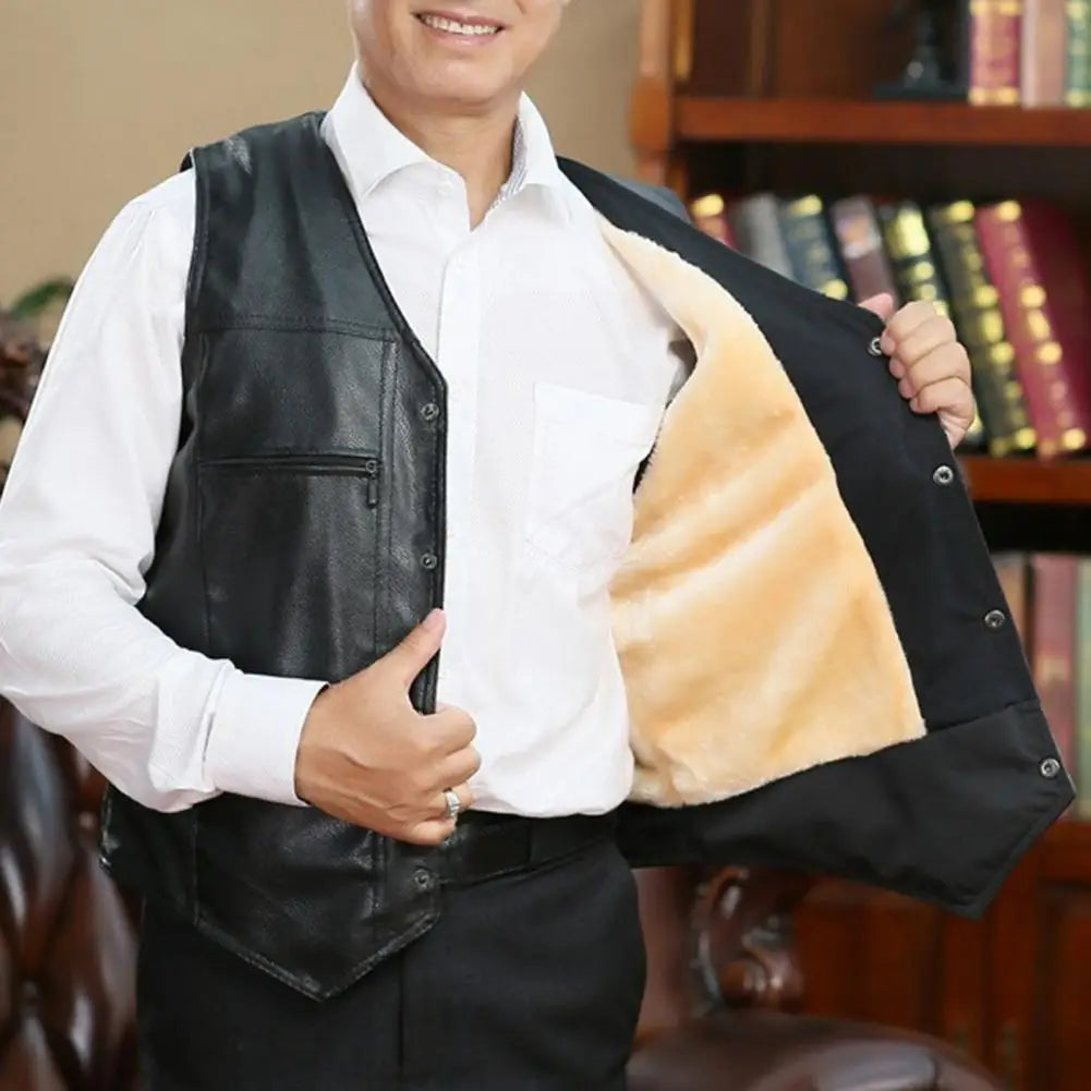 Hombres Winter Lederweste – Warme Faux Leather Motorrad Weste mit V-Ausschnitt, Knopfleiste &amp; Taschen für Herbst &amp; Winter 