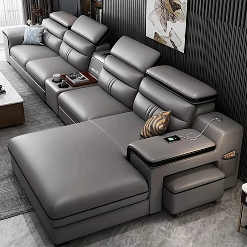 Smartes Leder-Ecksofa aus Rindsleder mit kabellosem Laden & Audio – Modernes Designer Sofa mit Massagefunktion und Stauraum