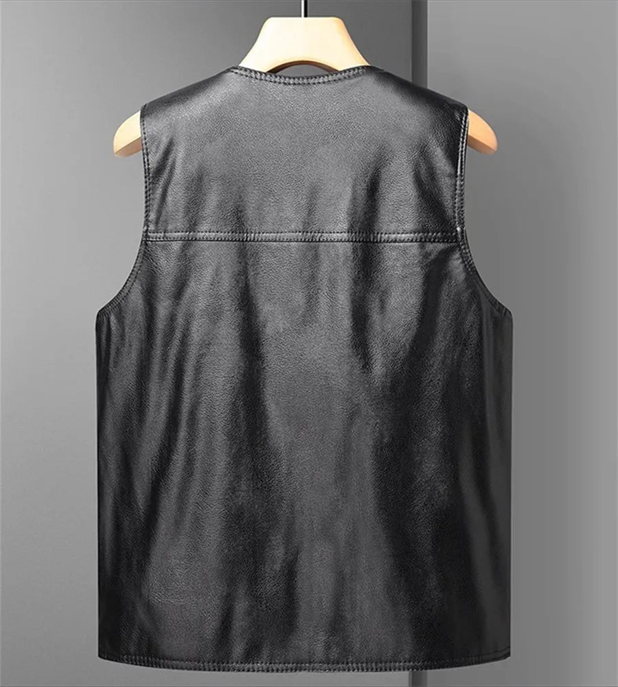 Herren Motorrad Weste aus PU-Leder – Warme Winter Lederweste mit Fleece-Futter, V-Ausschnitt & Knopfleiste, ärmellos