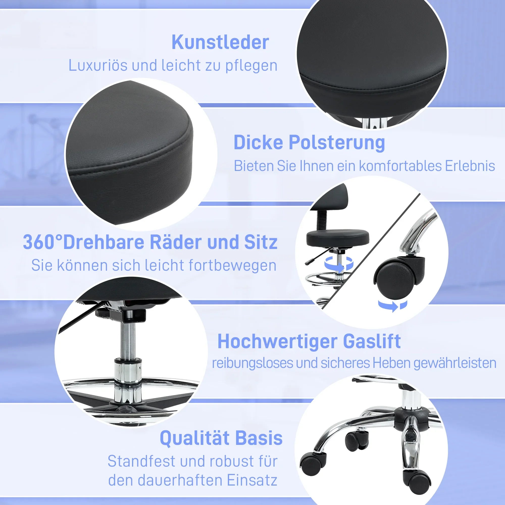 Ergonomischer Zeichenstuhl ohne Armlehnen – Höhenverstellbarer Drehstuhl aus Kunstleder mit Fußstütze für Büro & Wohnzimmer (Schwarz)