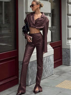 High Street Damen 2-Teiler aus Kunstleder – Zip Cardigan mit freiem Bauch & High-Waist Hose, elastisch, Herbst/Winter Trend-Outfit