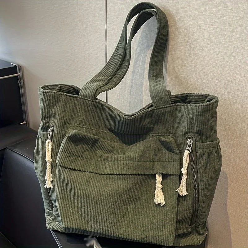 Cord Schultertasche für Damen – Grand sac fourre-tout décontracté avec cordon avec de nombreuses poches, idéal pour les voyages et les voyages