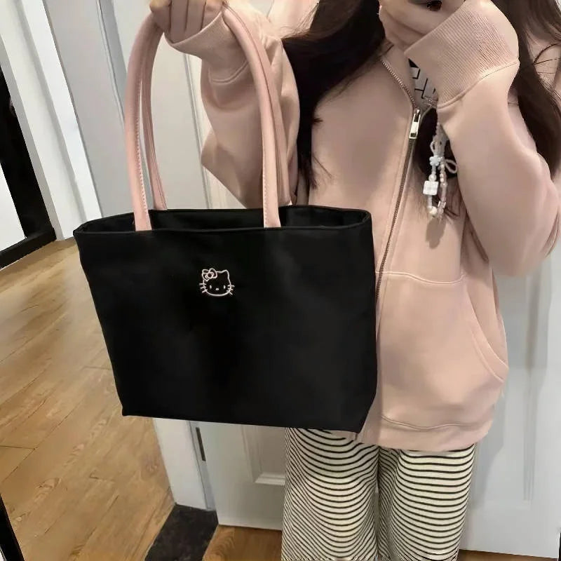 Sacs à provisions pour femmes avec autocollants Cartoon – Grand sac à provisions noir en nylon, doux et moderne