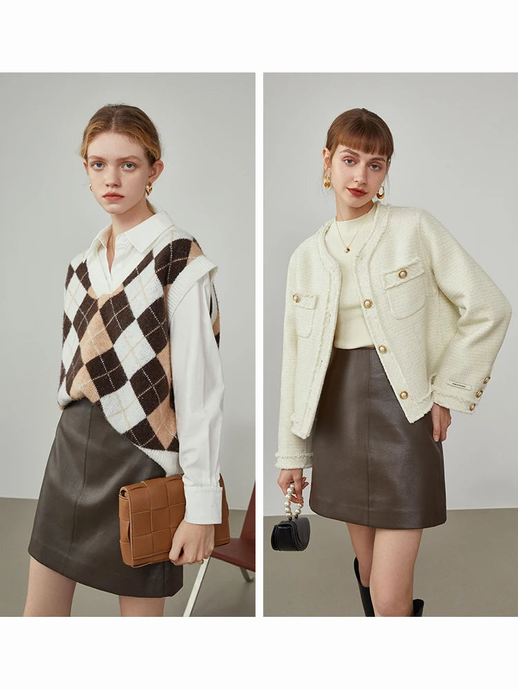 FSLE Damen Lederrock in Braun – Eleganter High-Waist Minirock im A-Line Schnitt, Office-Style Winterrock für stilvolle Business-Looks