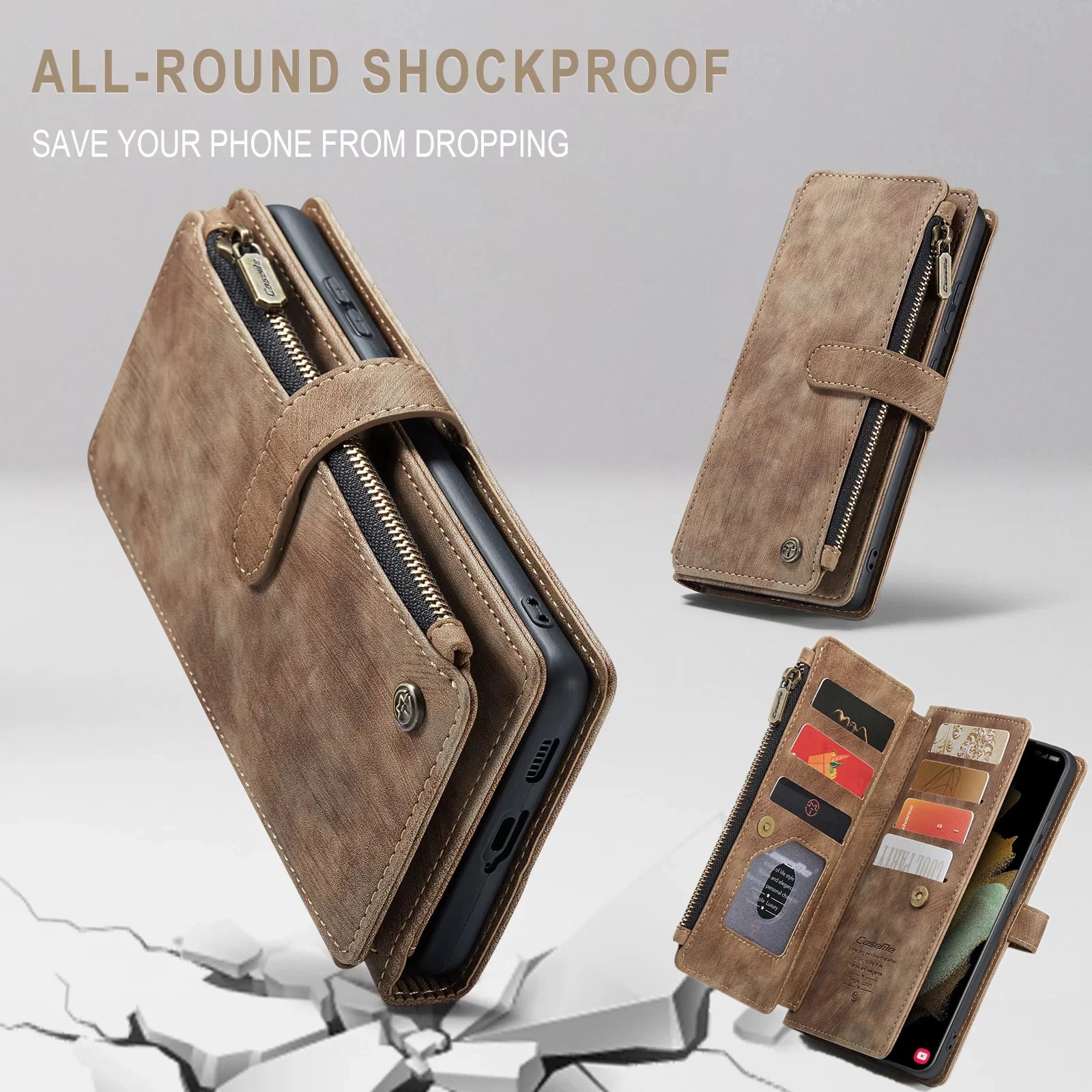 Flip Leder Handyhülle für Samsung Galaxy – Wallet Case mit Reißverschluss, Kartenfächern & Magnetverschluss