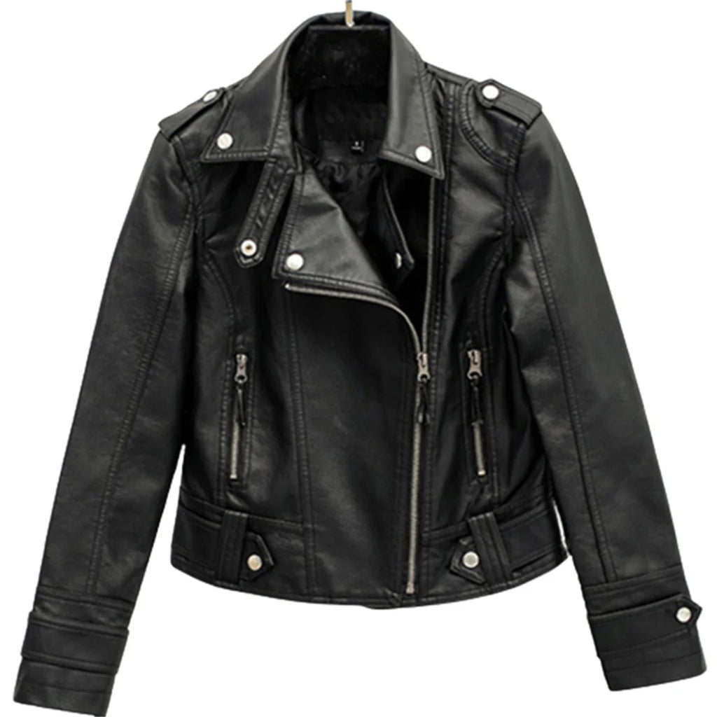 Veste en cuir pour femme dans le style motard – Kurze Streetwear Jacke mit Reverskragen &amp; Reißverschluss, Herbst/Winter 2024 