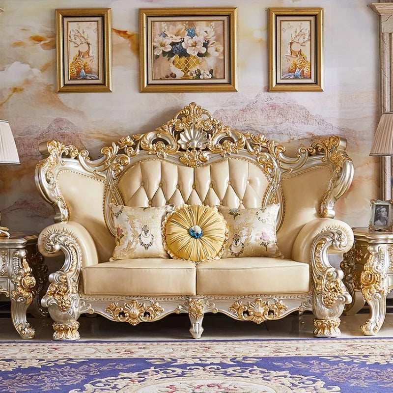 Elegantes Echtleder Sofa mit Massivholzrahmen – Luxuriöses Lounge Sofa im europäischen Stil für Wohnzimmer & Apartment
