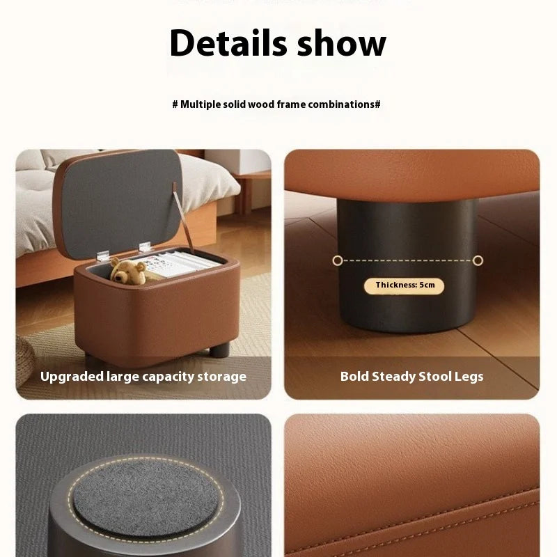 Schuhhocker mit Stauraum aus PU-Leder & Massivholz – Niedriger Sitzhocker für Flur, Wohnzimmer & Kinderzimmer