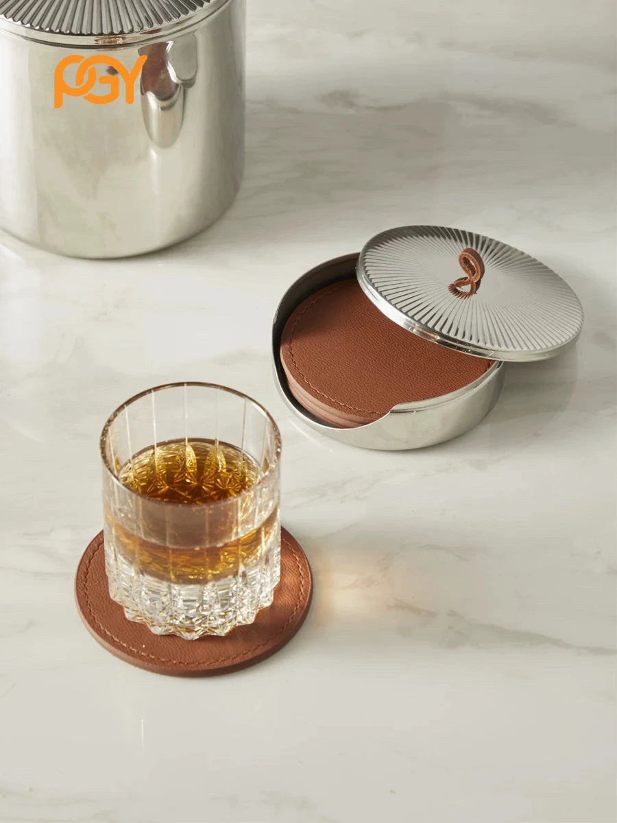 4er Set Luxus Leder Untersetzer mit Edelstahlbox – Premium Getränkeuntersetzer für Wohnraum, Bar & Büro