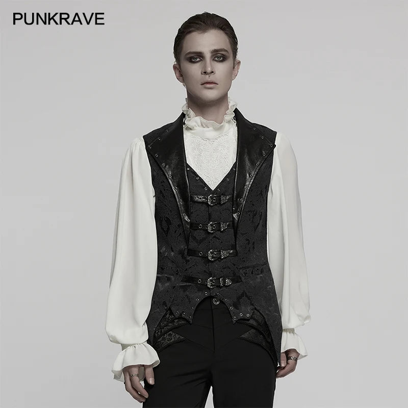 PUNK RAVE Herren Gothic Lederweste – Jacquard Lapel Waistcoat mit Fledermaus-Saum, Edle Slim Fit Weste für Party & Dark Fashion