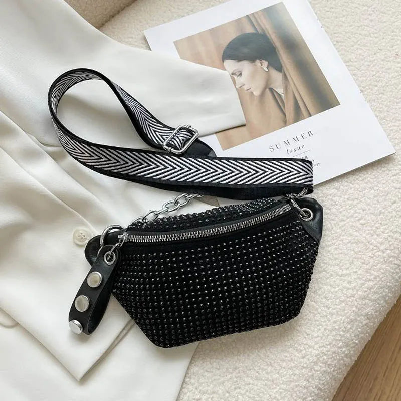 Damen PU Leder Gürteltasche – Designer Hüfttasche, Diamond Fanny Pack, Crossbody- & Chest Bag mit Kettenriemen