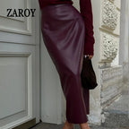 Damen PU Leder Midi Rock Bordeaux – Eleganter High-Waist Pencil Rock mit Schlitz, figurbetonter Slim Fit für Party & Sommer
