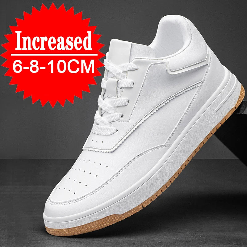 YEAE Herren Lederschuhe – Weiße Casual Sneaker mit Höhenaufbau, komfortabel, PU-Innensohle, Plattform 6/8/10 cm