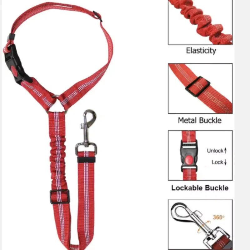 Verstellbarer Hunde Autosicherheitsgurt – Reflektierender, elastischer Nylon Gurt mit Leder-Schlaufe für sichere Autofahrten 