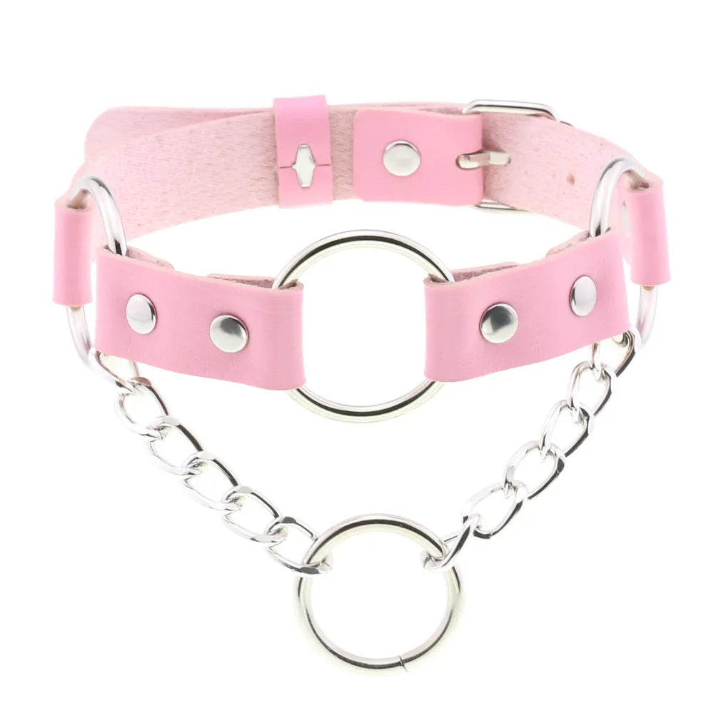 Punk Choker Halskette aus Leder & Spitze – Pinke Gothic Halskette mit Herz- & Kreis-Anhänger im Harajuku Style