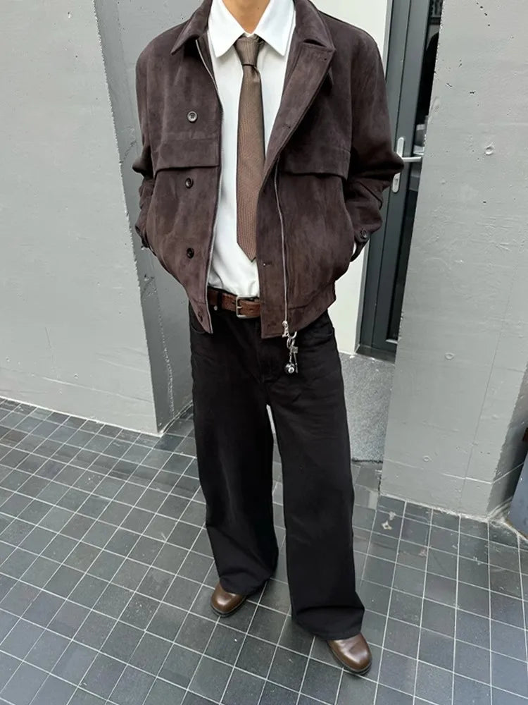 Mauroicardi Herren Faux Suede Lederjacke Braun – Kurze, weiche Designerjacke mit Umlegekragen & Reißverschluss für Frühling & Herbst