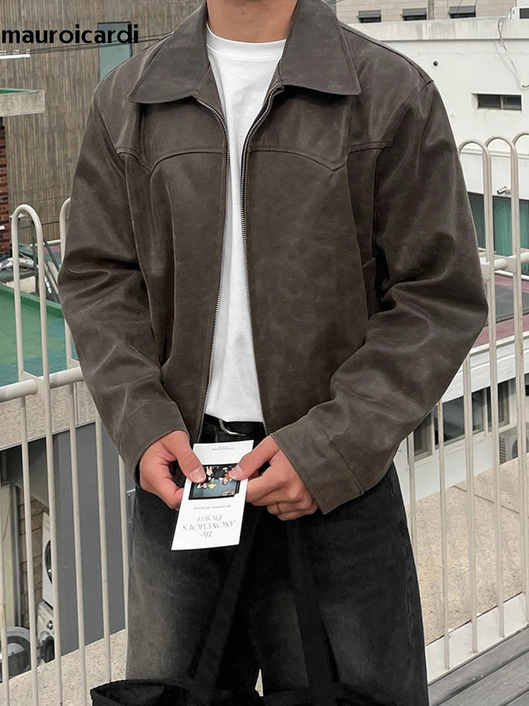 Vintage Herren PU-Lederjacke in Braun – Leichte, gewaschene Kurzjacke im Korean Style mit Reißverschluss für Frühling & Herbst