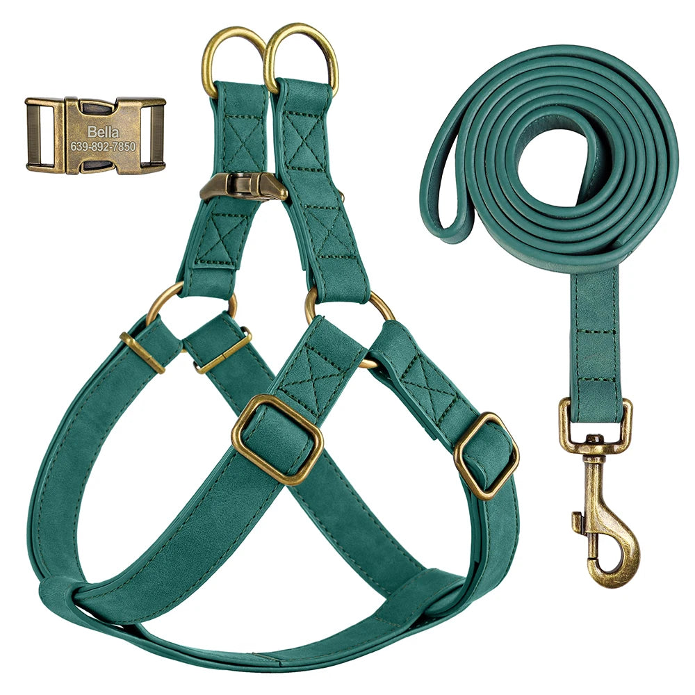 Personalisiertes PU Leder Hundegeschirr mit Leine – Graviertes ID-Schnallen-Geschirr als Vest-Set für kleine & mittelgroße Hunde