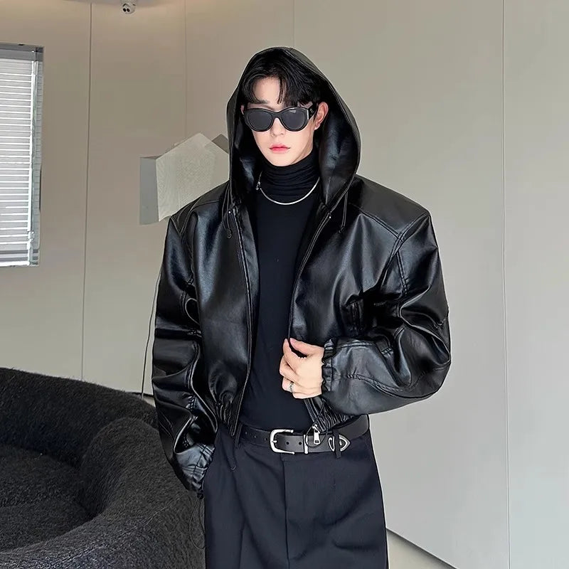 Herren PU-Lederjacke mit Kapuze – Kurze wasserdichte Oversized Jacke mit Reißverschluss, Korean Fashion Style für Frühling & Herbst