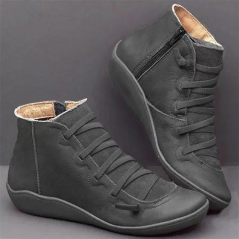 Damen Schneestiefel Knöchelhoch – Warme Winter Ankle Boots mit Schnürung, flachem Absatz & Vintage-Design