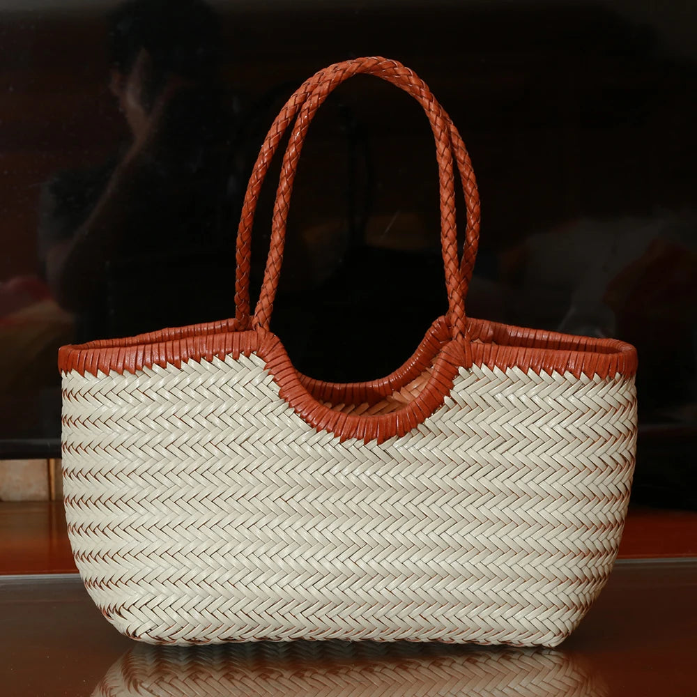 Damen Schultertasche aus echtem Leder – Handgeflochtene Vintage Tote Bag aus Rindsleder, große Shoppingtasche
