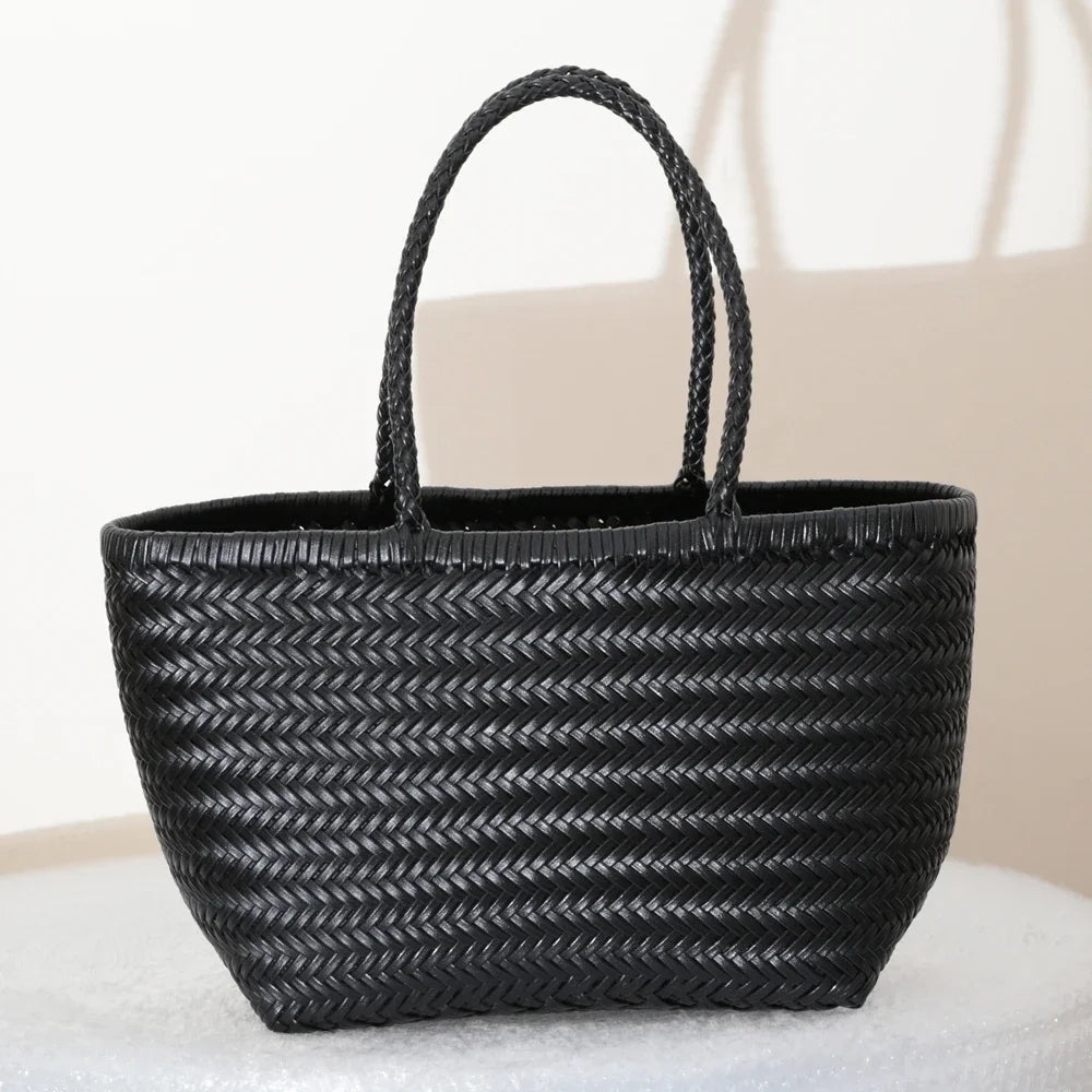 Damen Schultertasche aus echtem Leder – Handgeflochtene Vintage Tote Bag aus Rindsleder, große Shoppingtasche
