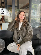 Damen Oversized PU Lederjacke Vintage – Kurze Bikerjacke mit Gürtel & Reißverschluss, Retro Streetwear Look