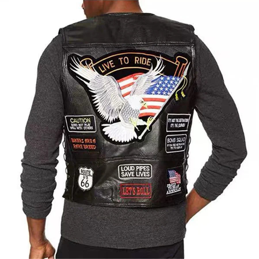 Herren Motorrad Lederweste – Single Breasted Biker Weste mit Stickerei, Ärmellose Punk Lederjacke für Herbst & Winter