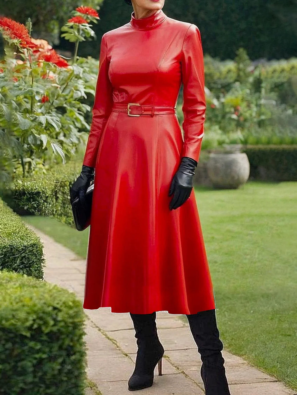 Elegantes PU-Leder Maxi-Kleid in Rot – Langarm Damenkleid mit Stehkragen, Gürtel & schlanker Passform für Frühling & Sommer