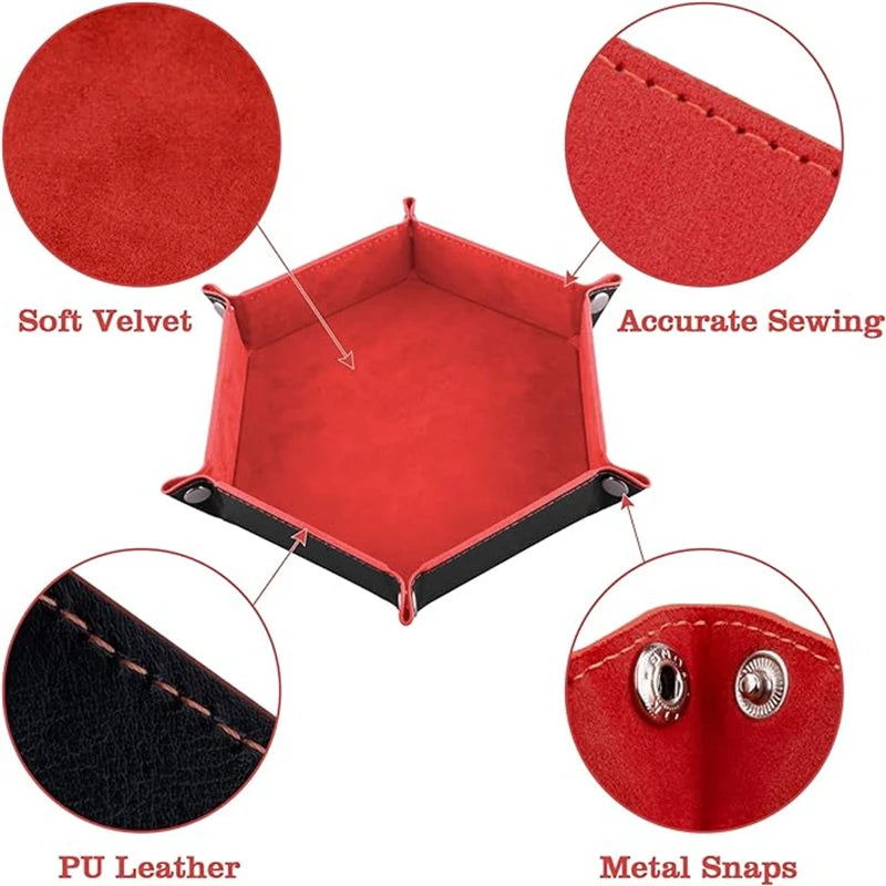 Plateau à dés hexagonal pliable en cuir PU – Würfelschale für RPG, Tabletop &amp; Brettspiele | Vielseitige Aufbewahrungsbox 