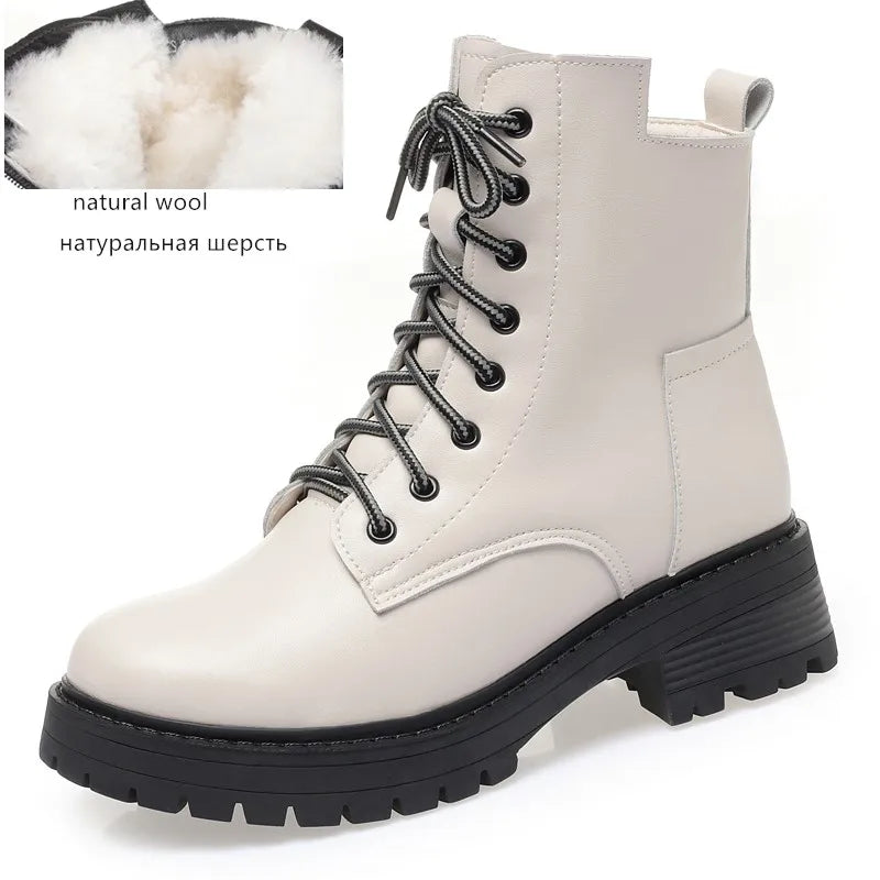 Damen Winter Snow Boots aus echtem Leder – Warme & rutschfeste Ankle Boots mit Kunstfellfutter, Blockabsatz & Reißverschluss, Größen 35–43