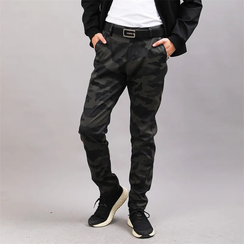 Herren Moto Skinny PU Lederhose – Elastische Kunstlederhose in Schwarz, Gold & Weiß, dünne Biker-Hose für Party & Streetwear (Gr. 28–40)