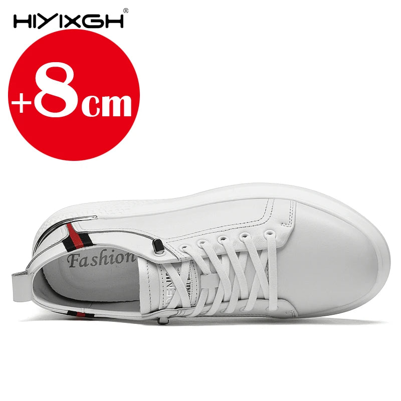 Hiyixgh Herren Lederschuhe mit Höhenaufbau – Weiße Sneaker mit 6–8 cm Elevator-Einlagen, sportlich & casual