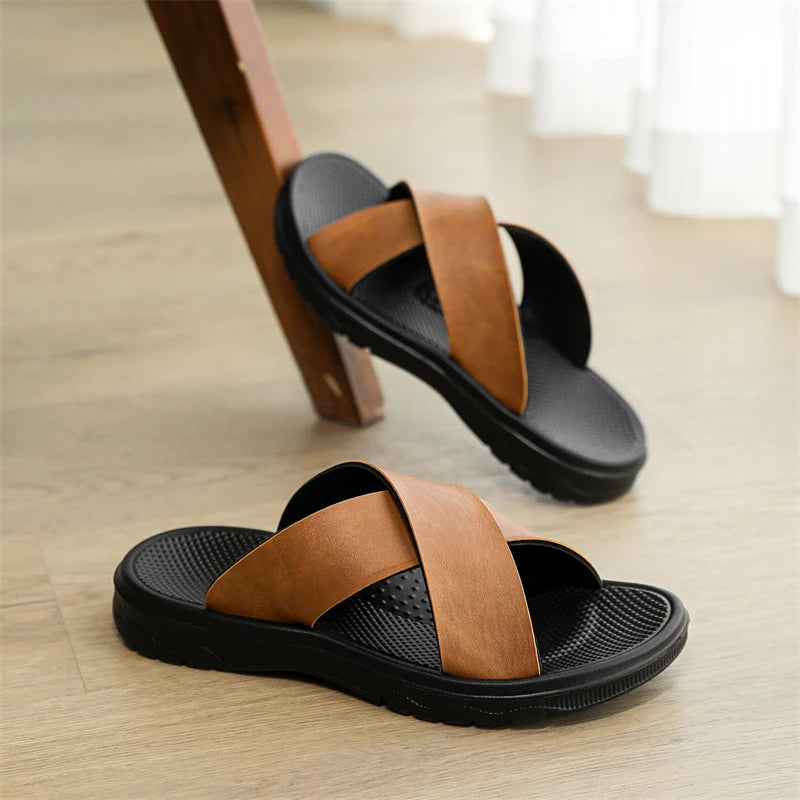 YRZL Herren Sommer Sandalen – Leichte PU-Leder Slipper, Rutschfeste Outdoor Beach Schuhe & Bequeme Flip-Flops