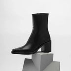 Elegante Damen Stiefeletten aus echtem Leder – Spitze Ankle Boots mit 6,5 cm Blockabsatz &amp; Reißverschluss für Bureau &amp; Winter