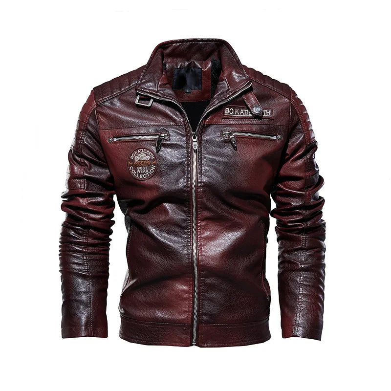 Herren Winter Motorradjacke aus Kunstleder – Slim Fit Bikerjacke mit warmem Fleece, Winddicht & Klassischem Kragen, Farben: Schwarz, Braun & Bordeaux