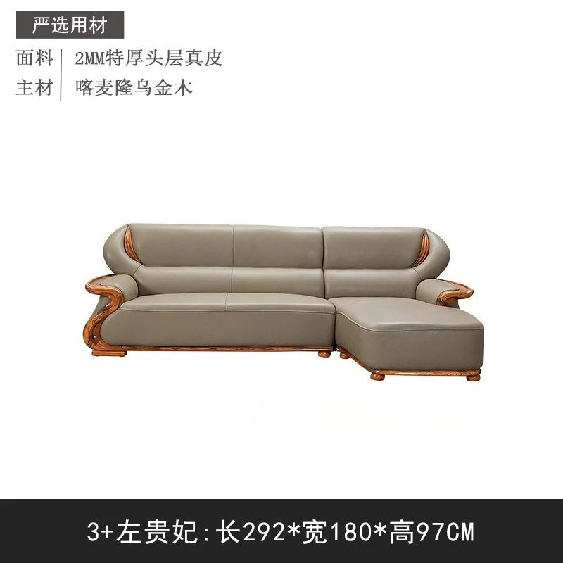 Luxuriöses Ecksofa aus Ebenholz &amp; Echtleder – Nouveau canapé en cuir de style chinois en forme de L, haut de gamme pour les femmes stilvolles