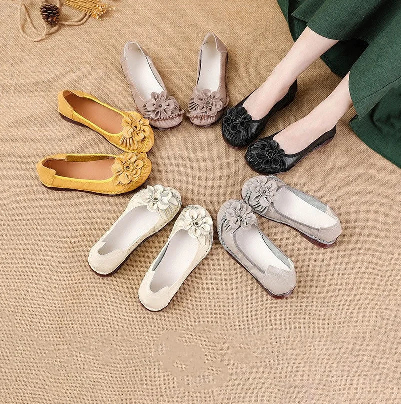 Lorilury Damen Leder Ballerinas WB-317K – Handgefertigte Blumen-Slipper, Komfortable Slip-On Loafers für Frühling & Alltag