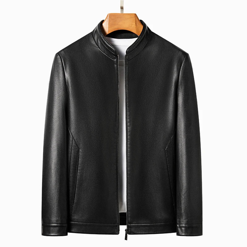 Veste en cuir pour homme au véritable Schafleder – Veste d'extérieur coupe slim avec revers, classique Kragen, noir
