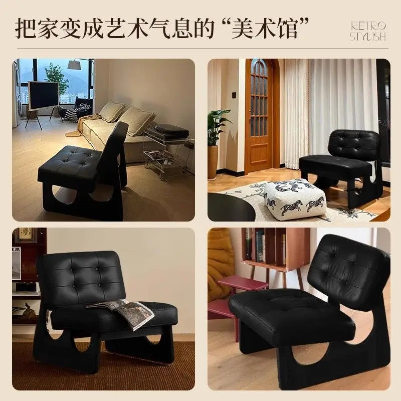 Massivholz Einzelsessel im asiatisch-nordischen Stil – Retro Akzentstuhl mit Öl-Wachs-Leder-Optik für entspanntes Wohnen